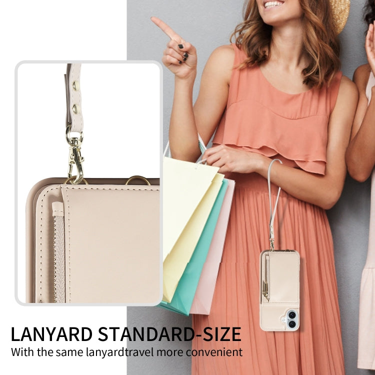 For iPhone 16 Plus Crossbody Lanyard Zipper Wallet Leather Phone Case(Beige) by buy2fix