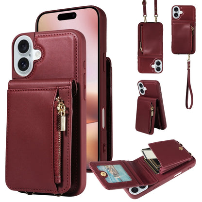 For iPhone 16 Plus Crossbody Lanyard Zipper Wallet Leather Phone Case(Wine Red) - iPhone 16 Plus Cases by buy2fix | Online Shopping UK | buy2fix