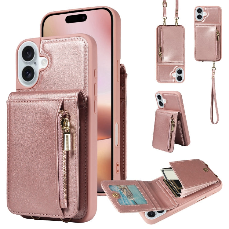 For iPhone 16 Plus Crossbody Lanyard Zipper Wallet Leather Phone Case(Rose Gold) by buy2fix