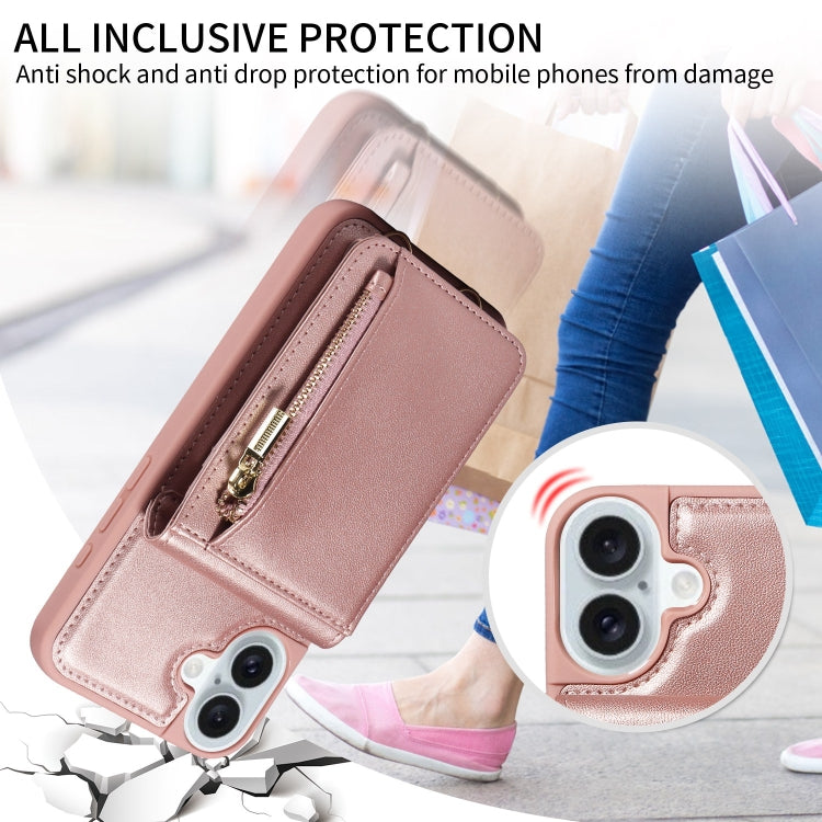 For iPhone 16 Plus Crossbody Lanyard Zipper Wallet Leather Phone Case(Rose Gold) by buy2fix