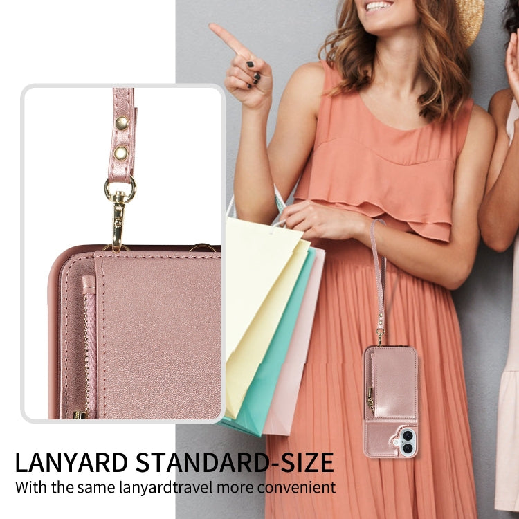 For iPhone 16 Plus Crossbody Lanyard Zipper Wallet Leather Phone Case(Rose Gold) by buy2fix