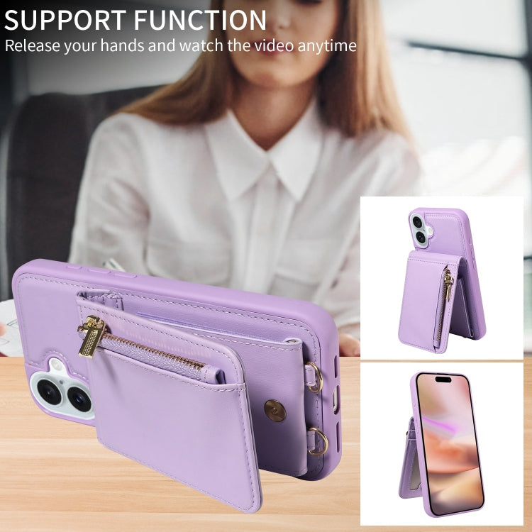 For iPhone 16 Plus Crossbody Lanyard Zipper Wallet Leather Phone Case(Purple) by buy2fix