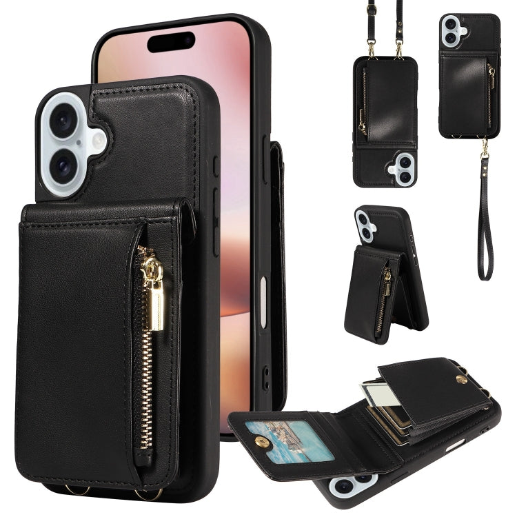 For iPhone 16 Plus Crossbody Lanyard Zipper Wallet Leather Phone Case(Black) by buy2fix