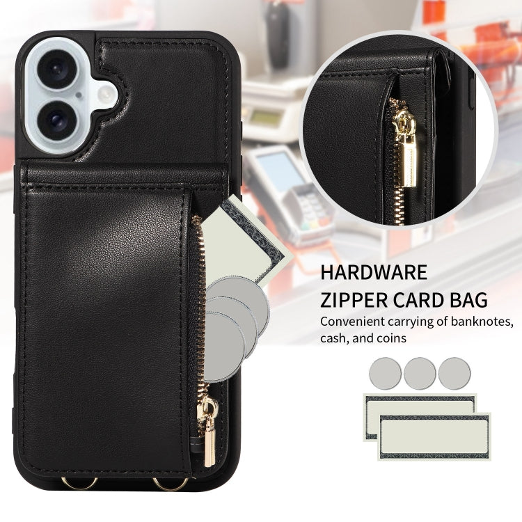 For iPhone 16 Plus Crossbody Lanyard Zipper Wallet Leather Phone Case(Black) by buy2fix