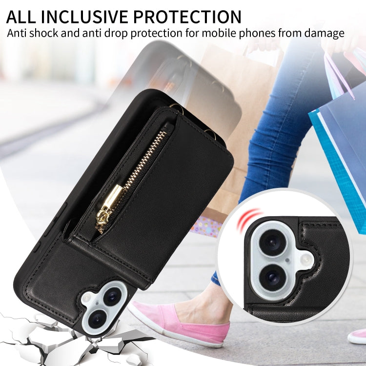For iPhone 16 Plus Crossbody Lanyard Zipper Wallet Leather Phone Case(Black) by buy2fix
