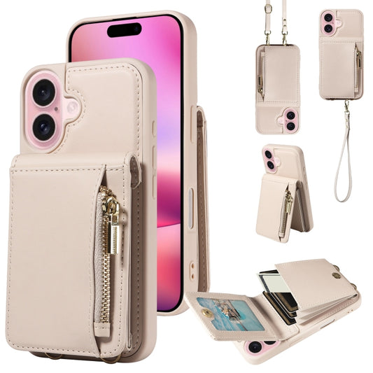 For iPhone 16 Crossbody Lanyard Zipper Wallet Leather Phone Case(Beige) by buy2fix