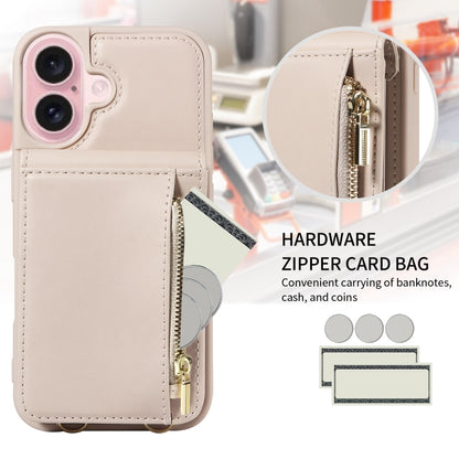 For iPhone 16 Crossbody Lanyard Zipper Wallet Leather Phone Case(Beige) by buy2fix