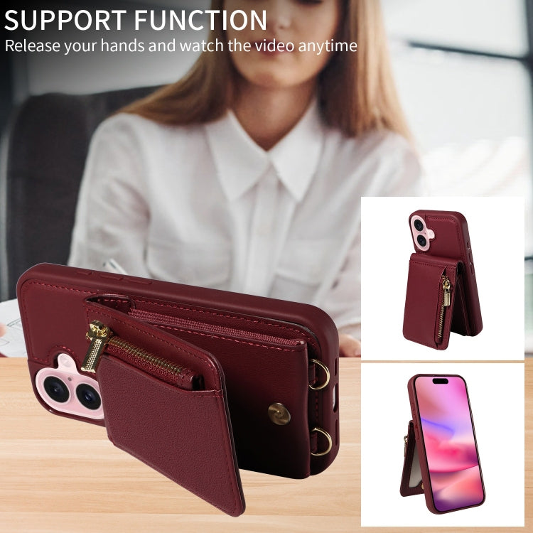 For iPhone 16 Crossbody Lanyard Zipper Wallet Leather Phone Case(Wine Red) - iPhone 16 Cases by buy2fix | Online Shopping UK | buy2fix