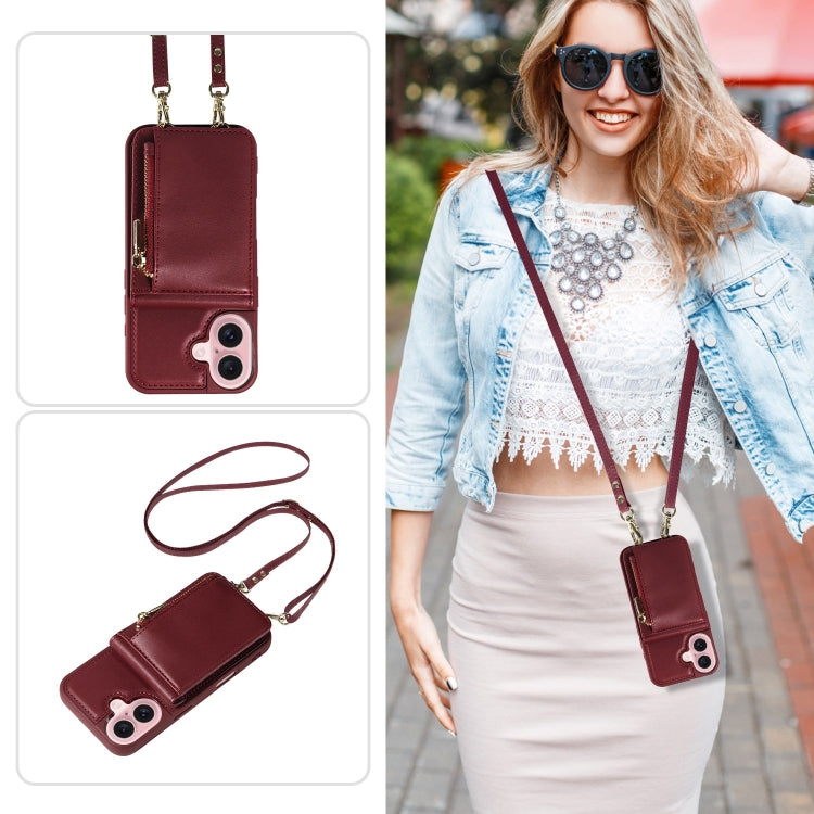 For iPhone 16 Crossbody Lanyard Zipper Wallet Leather Phone Case(Wine Red) - iPhone 16 Cases by buy2fix | Online Shopping UK | buy2fix