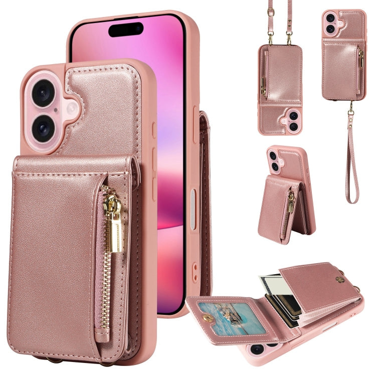 For iPhone 16 Crossbody Lanyard Zipper Wallet Leather Phone Case(Rose Gold) - iPhone 16 Cases by buy2fix | Online Shopping UK | buy2fix