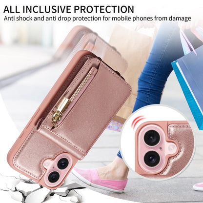 For iPhone 16 Crossbody Lanyard Zipper Wallet Leather Phone Case(Rose Gold) - iPhone 16 Cases by buy2fix | Online Shopping UK | buy2fix