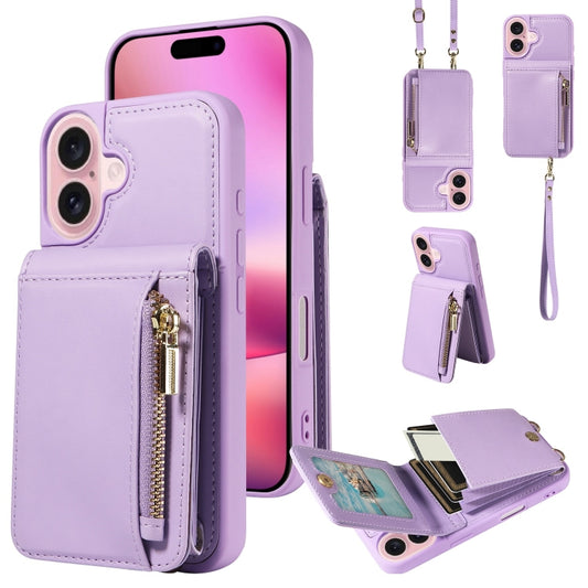 For iPhone 16 Crossbody Lanyard Zipper Wallet Leather Phone Case(Purple) by buy2fix