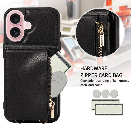 For iPhone 16 Crossbody Lanyard Zipper Wallet Leather Phone Case(Black) by buy2fix