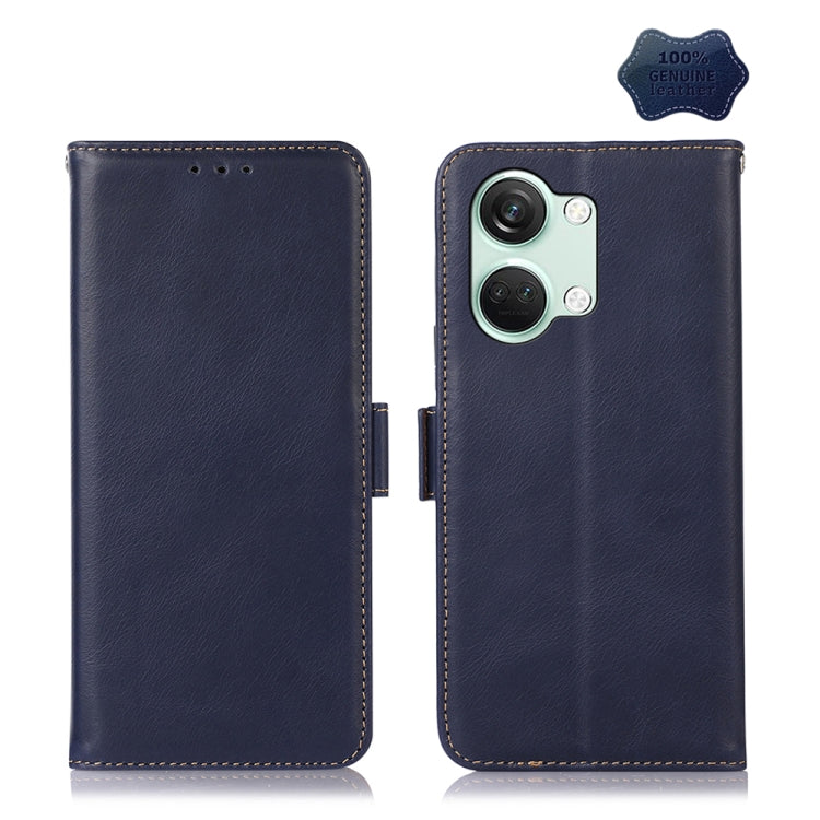 For OnePlus Nord 3 / Ace 2V Magnetic Crazy Horse Texture Genuine Leather RFID Phone Case(Blue) - OnePlus Cases by buy2fix | Online Shopping UK | buy2fix
