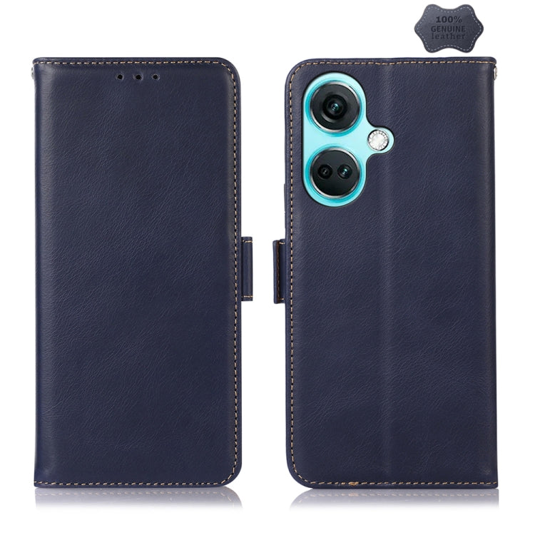 For OnePlus Nord CE3 5G Magnetic Crazy Horse Texture Genuine Leather RFID Phone Case(Blue) - OnePlus Cases by buy2fix | Online Shopping UK | buy2fix