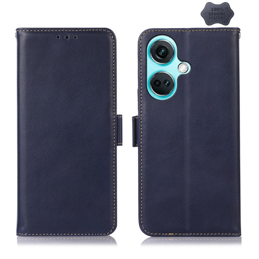 For OnePlus Nord CE3 5G Magnetic Crazy Horse Texture Genuine Leather RFID Phone Case(Blue) - OnePlus Cases by buy2fix | Online Shopping UK | buy2fix