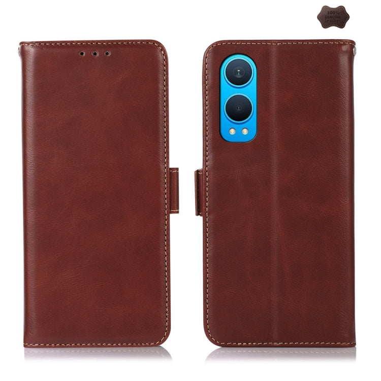 For OnePlus Nord CE4 Lite Magnetic Crazy Horse Texture Genuine Leather RFID Phone Case(Brown) - OnePlus Cases by buy2fix | Online Shopping UK | buy2fix