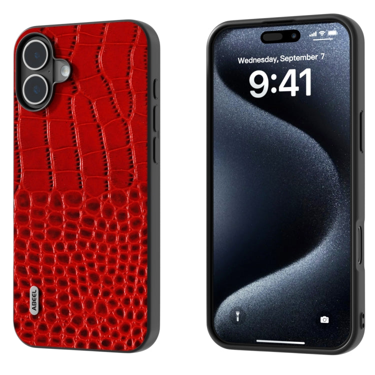 For iPhone 16 ABEEL Genuine Leather Crocodile Pattern Black Edge Phone Case(Red) - iPhone 16 Cases by buy2fix | Online Shopping UK | buy2fix