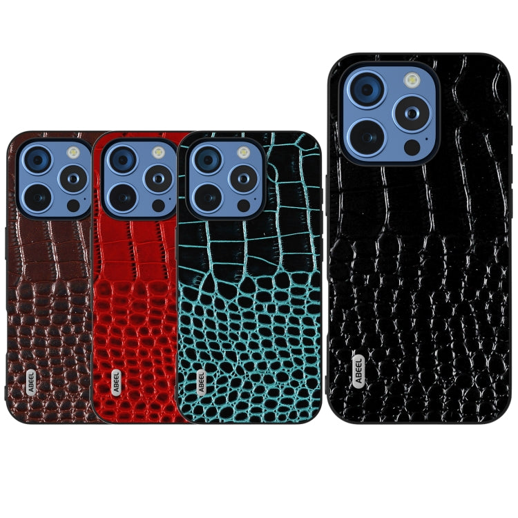 For iPhone 16 Pro ABEEL Genuine Leather Crocodile Pattern Black Edge Phone Case(Blue) - iPhone 16 Pro Cases by buy2fix | Online Shopping UK | buy2fix