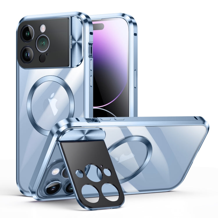 For iPhone 14 Pro Large Window Holder MagSafe Magnetic Metal Phone Case(Blue) - iPhone 14 Pro Cases by buy2fix | Online Shopping UK | buy2fix