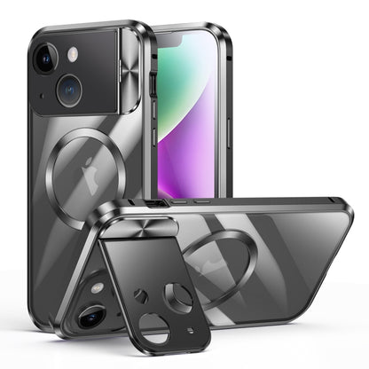 For iPhone 13 Large Window Holder MagSafe Magnetic Metal Phone Case(Black) - iPhone 13 Cases by buy2fix | Online Shopping UK | buy2fix
