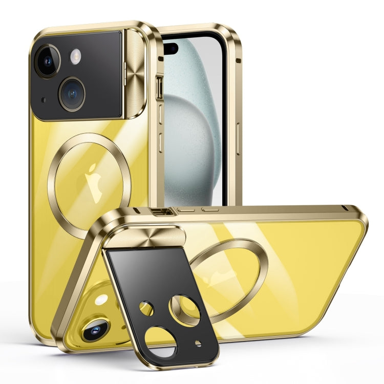 For iPhone 15 Large Window Holder MagSafe Magnetic Metal Phone Case(Yellow) - iPhone 15 Cases by buy2fix | Online Shopping UK | buy2fix