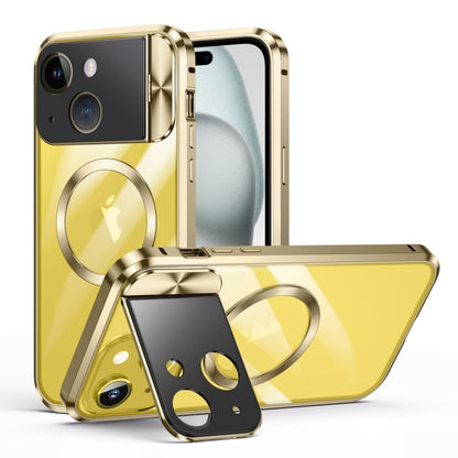 For iPhone 15 Large Window Holder MagSafe Magnetic Metal Phone Case(Yellow) - iPhone 15 Cases by buy2fix | Online Shopping UK | buy2fix