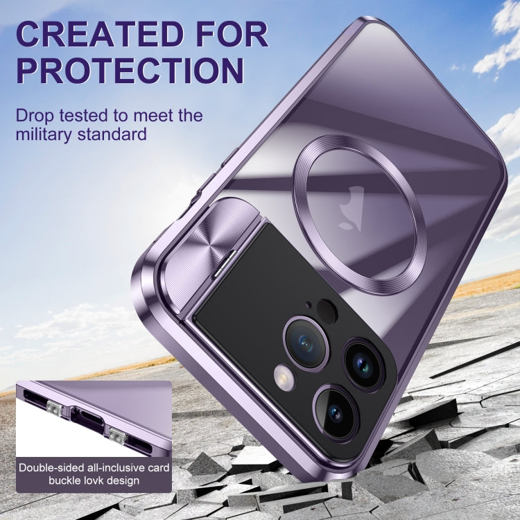 For iPhone 15 Pro Large Window Holder MagSafe Magnetic Metal Phone Case(Purple) - iPhone 15 Pro Cases by buy2fix | Online Shopping UK | buy2fix