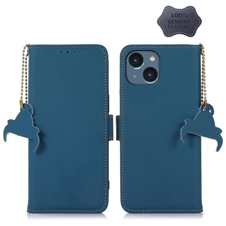 For iPhone 15 Plus Genuine Leather Magnetic RFID Leather Phone Case(Blue) - iPhone 15 Plus Cases by buy2fix | Online Shopping UK | buy2fix