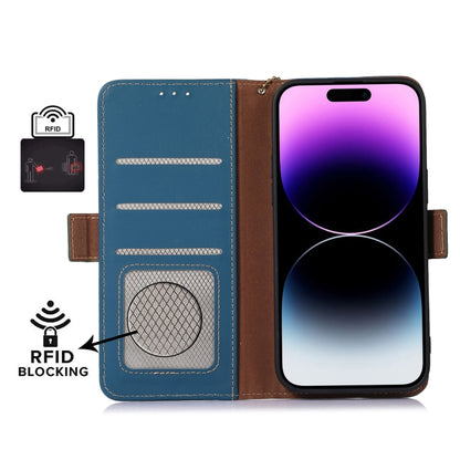 For iPhone 15 Plus Genuine Leather Magnetic RFID Leather Phone Case(Blue) - iPhone 15 Plus Cases by buy2fix | Online Shopping UK | buy2fix