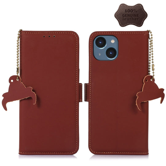 For iPhone 15 Plus Genuine Leather Magnetic RFID Leather Phone Case(Coffee)
