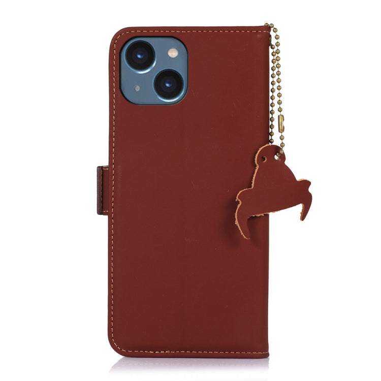 For iPhone 15 Plus Genuine Leather Magnetic RFID Leather Phone Case(Coffee) - iPhone 15 Plus Cases by buy2fix | Online Shopping UK | buy2fix