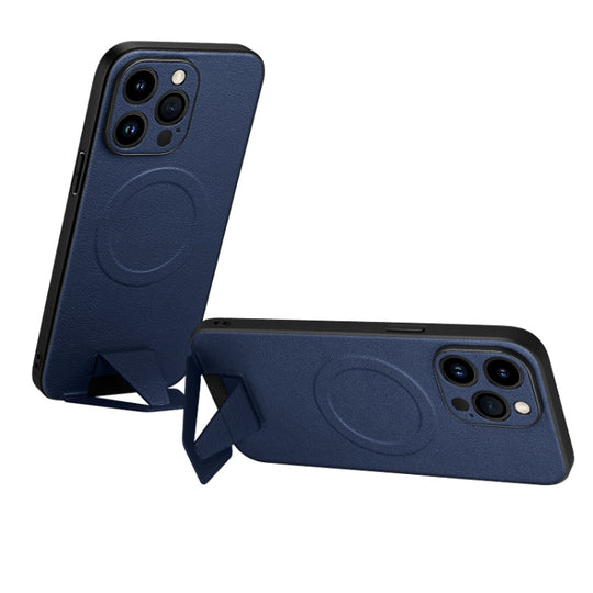 For iPhone 14 Pro Max SULADA Folding Holder Lambskin Texture MagSafe Phone Case(Blue)