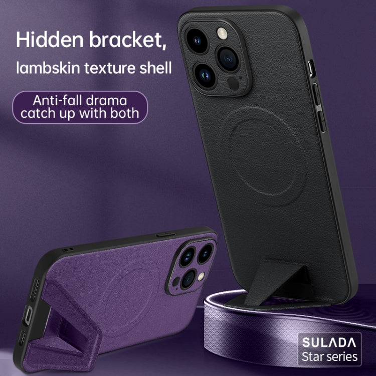 For iPhone 13 Pro SULADA Folding Holder Lambskin Texture MagSafe Phone Case(Black) - iPhone 13 Pro Cases by SULADA | Online Shopping UK | buy2fix