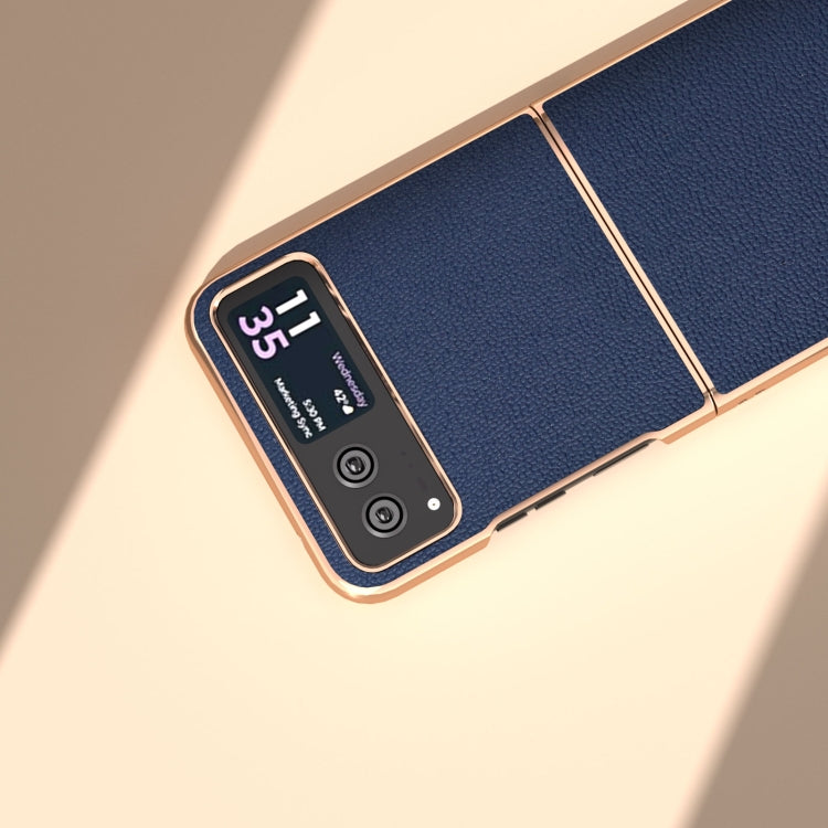 For Motorola Razr 40 Nano Plating Genuine Leather Luolai Series Phone Case(Dark Blue) by buy2fix