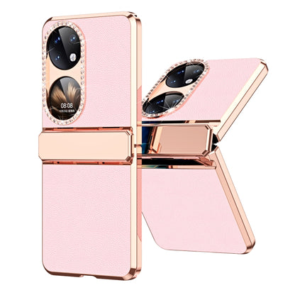 For Huawei P50 Pocket Plated Plain Leather Folding Phone Case with Hinge(Pink) - Huawei Cases by buy2fix | Online Shopping UK | buy2fix