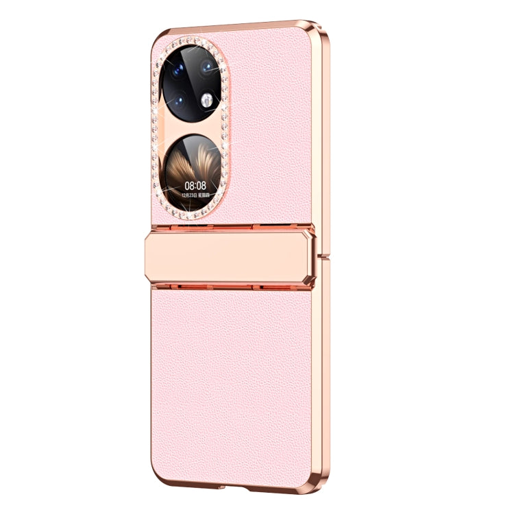 For Huawei P50 Pocket Plated Plain Leather Folding Phone Case with Hinge(Pink) - Huawei Cases by buy2fix | Online Shopping UK | buy2fix
