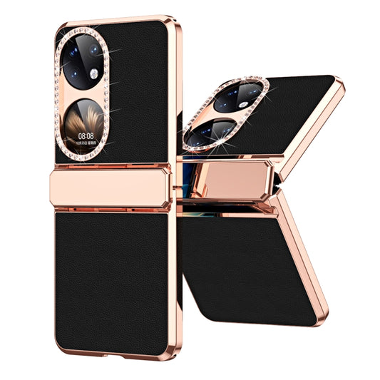 For Huawei P50 Pocket Plated Plain Leather Folding Phone Case with Hinge(Black) - Huawei Cases by buy2fix | Online Shopping UK | buy2fix