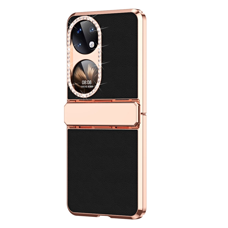 For Huawei P50 Pocket Plated Plain Leather Folding Phone Case with Hinge(Black) - Huawei Cases by buy2fix | Online Shopping UK | buy2fix