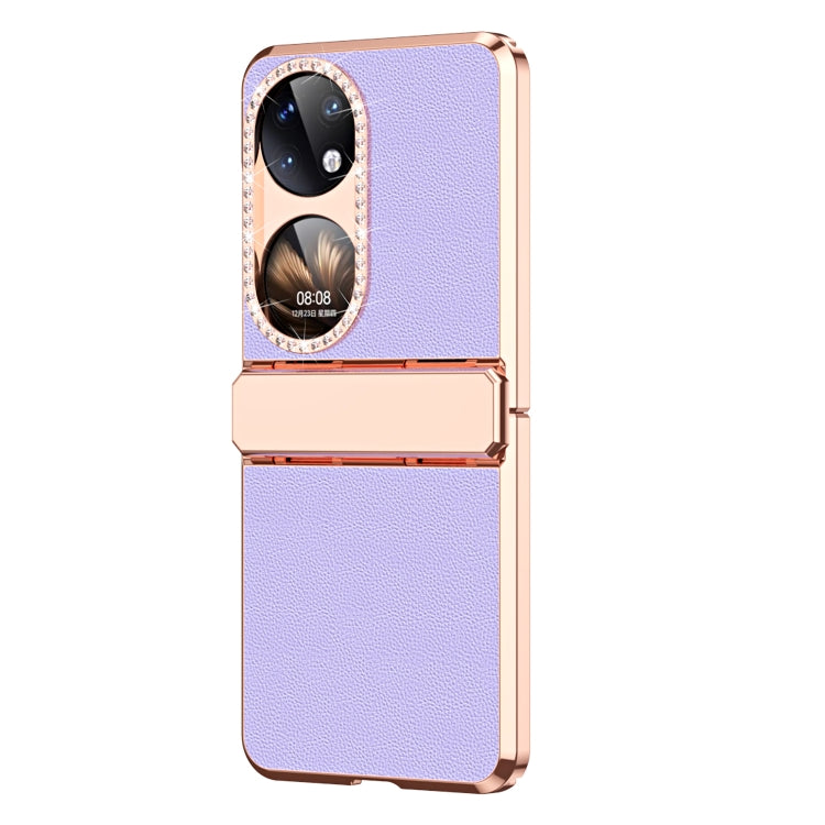 For Huawei P50 Pocket Plated Plain Leather Folding Phone Case with Hinge(Purple) - Huawei Cases by buy2fix | Online Shopping UK | buy2fix