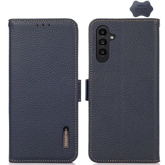 For Samsung Galaxy M34 5G KHAZNEH Side-Magnetic Litchi Genuine Leather RFID Phone Case(Blue) - Galaxy Phone Cases by buy2fix | Online Shopping UK | buy2fix