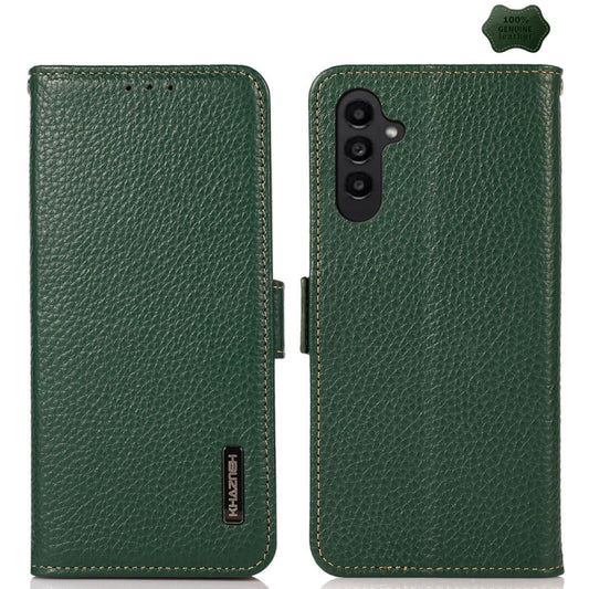 For Samsung Galaxy A15 KHAZNEH Side-Magnetic Litchi Genuine Leather RFID Phone Case(Green) - Galaxy Phone Cases by buy2fix | Online Shopping UK | buy2fix