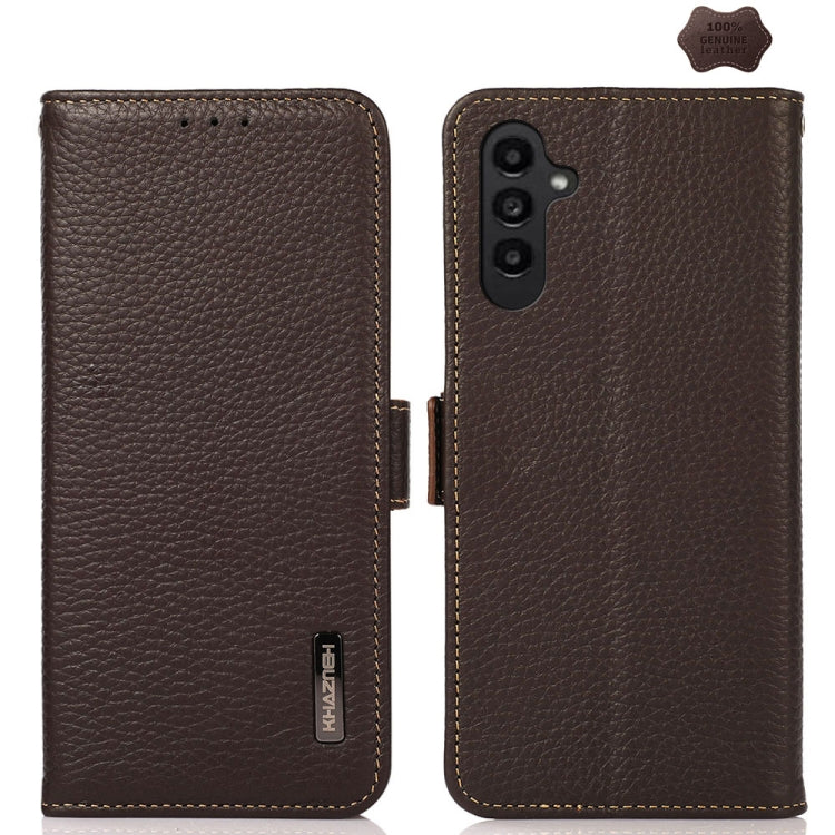 For Samsung Galaxy A15 KHAZNEH Side-Magnetic Litchi Genuine Leather RFID Phone Case(Brown) - Galaxy Phone Cases by buy2fix | Online Shopping UK | buy2fix