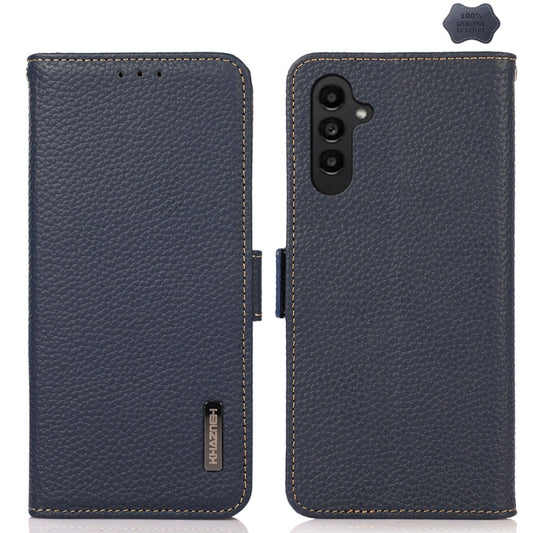For Samsung Galaxy S24 KHAZNEH Side-Magnetic Litchi Genuine Leather RFID Phone Case(Blue) - Galaxy Phone Cases by buy2fix | Online Shopping UK | buy2fix