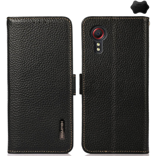 For Samsung Galaxy Xcover7 KHAZNEH Side-Magnetic Litchi Genuine Leather RFID Phone Case(Black) by buy2fix