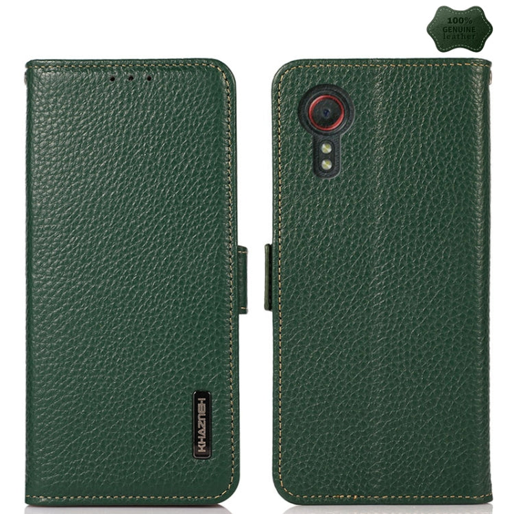 For Samsung Galaxy Xcover7 KHAZNEH Side-Magnetic Litchi Genuine Leather RFID Phone Case(Green) - Galaxy Phone Cases by buy2fix | Online Shopping UK | buy2fix