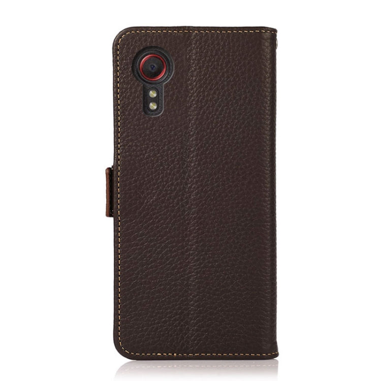 For Samsung Galaxy Xcover7 KHAZNEH Side-Magnetic Litchi Genuine Leather RFID Phone Case(Brown) - Galaxy Phone Cases by buy2fix | Online Shopping UK | buy2fix