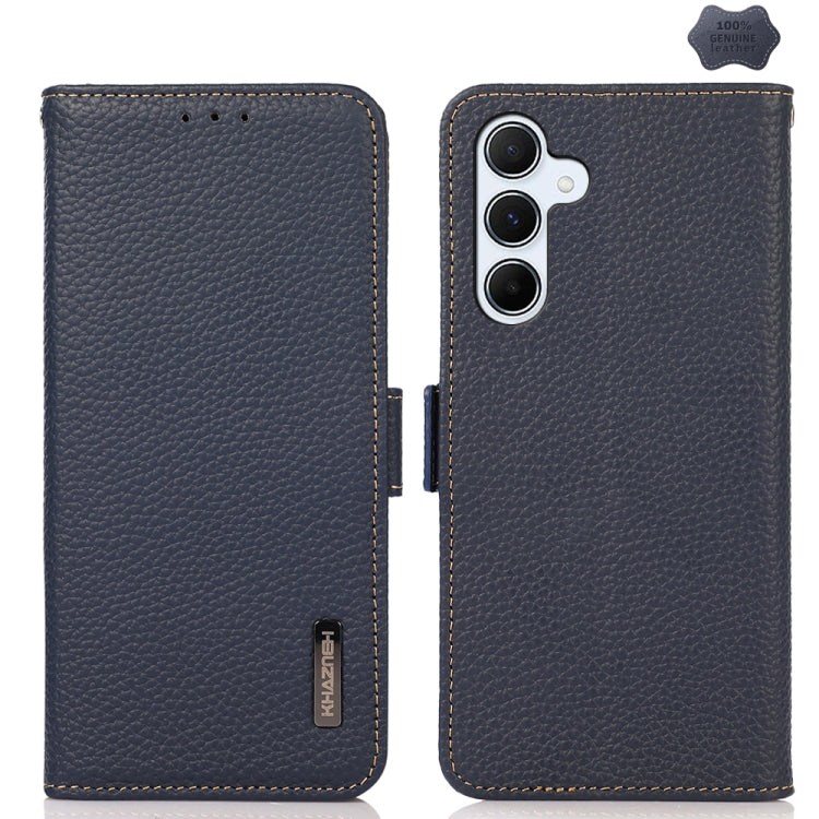 For Samsung Galaxy A55 5G KHAZNEH Side-Magnetic Litchi Genuine Leather RFID Phone Case(Blue) - Galaxy Phone Cases by buy2fix | Online Shopping UK | buy2fix
