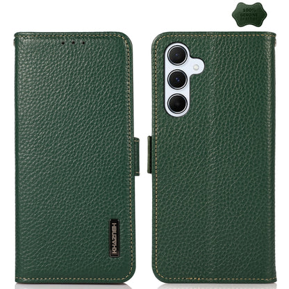 For Samsung Galaxy A55 5G KHAZNEH Side-Magnetic Litchi Genuine Leather RFID Phone Case(Green) - Galaxy Phone Cases by buy2fix | Online Shopping UK | buy2fix