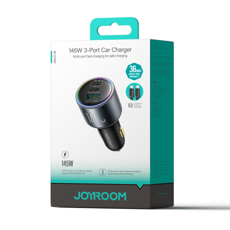 JOYROOM JR-CCN07 145W Dual PD+QC3.0 3-Port Car Charger(Dark Gray) by JOYROOM